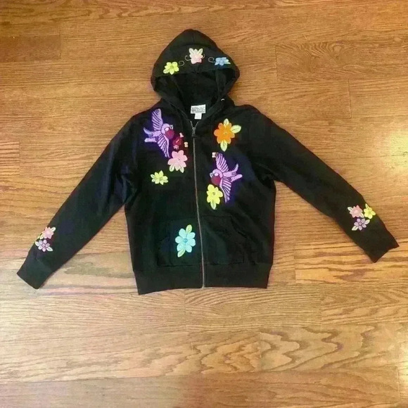 Embroidered Birds Floral Artisanal  Zip Up Hoodie size Medium - Picture 14 of 14